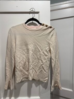 Tory Burch Cream Crewneck Button-Shoulder Long Sleeve Sweater